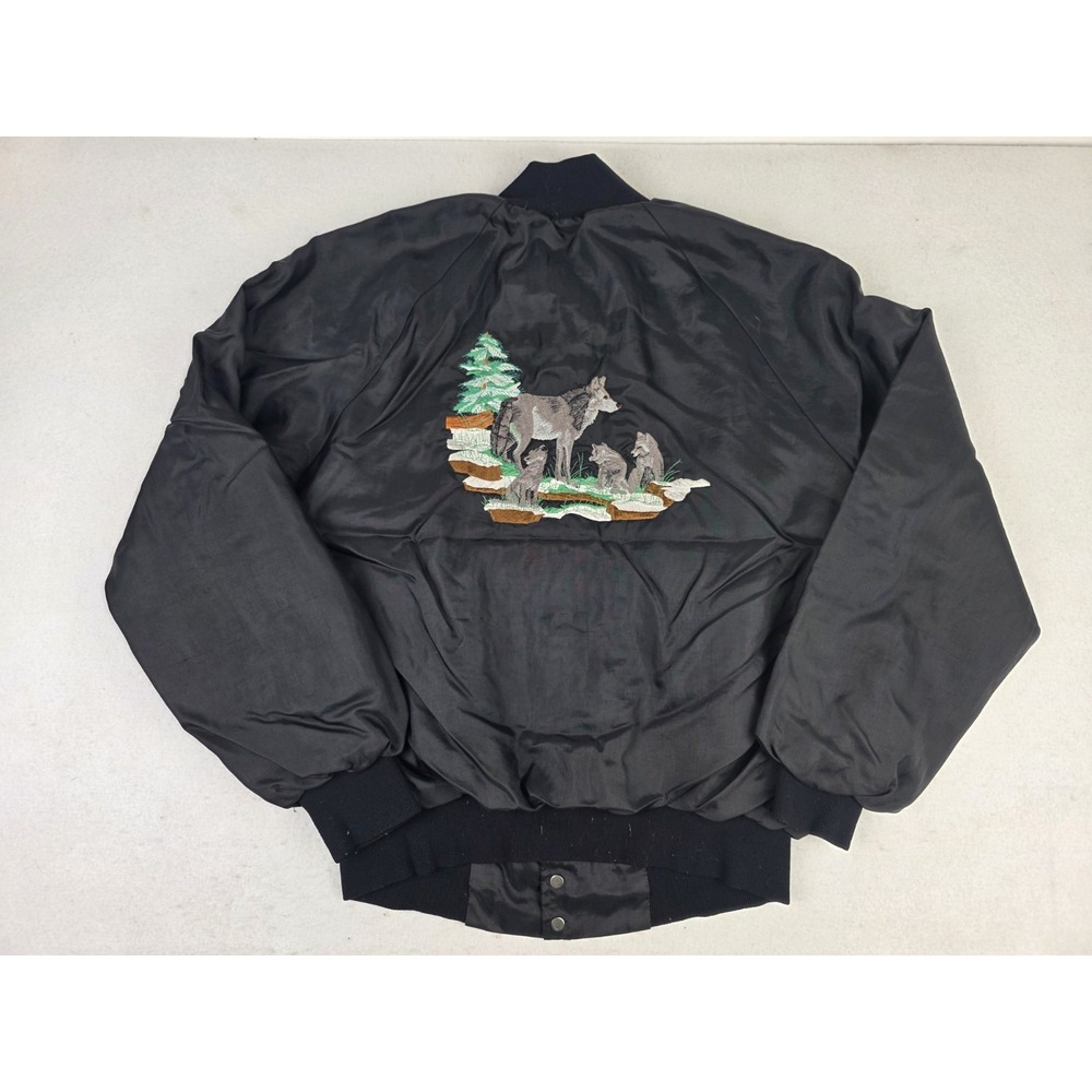 Vintage West Ark Satin Bomber Black Jacket Wolf Pack Nature Mens M USA Made
